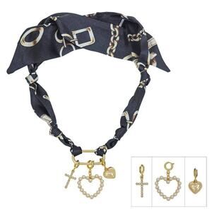 Black Multi-Color Scarf Necklace | Heart, cross Charm Accents